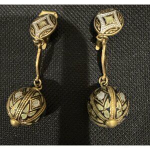 Damascene Gold-Tone Dangle Clip Earrings Vintage Spain